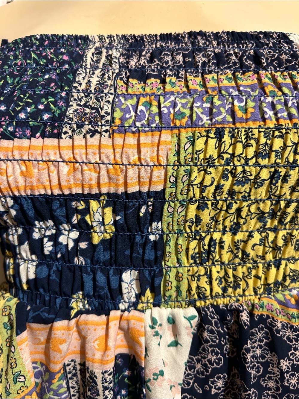 Sienna Sky Navy Yellow Patchwork Smocked Strapless Crop Top - Picture 3 of 7